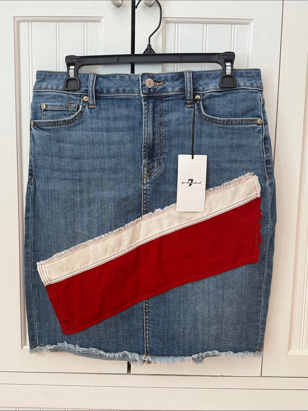 7 For All Mankind Denim Pencil Skirt with Vintage US Flag Patches & Frayed Hem